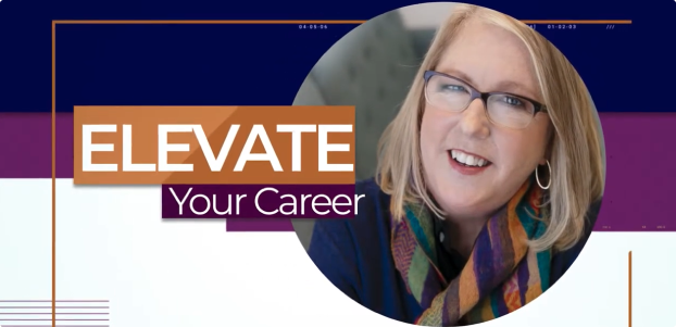 A woman wearing glasses and a scarf with the words elevate your career above her