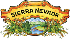 A logo for sierra nevada with a river and mountains in the background