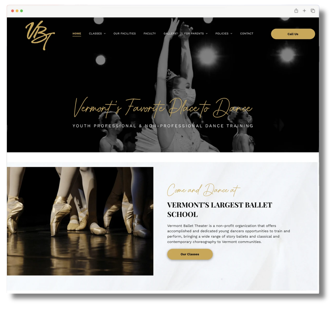 Web page mockup for Vermont Ballet School