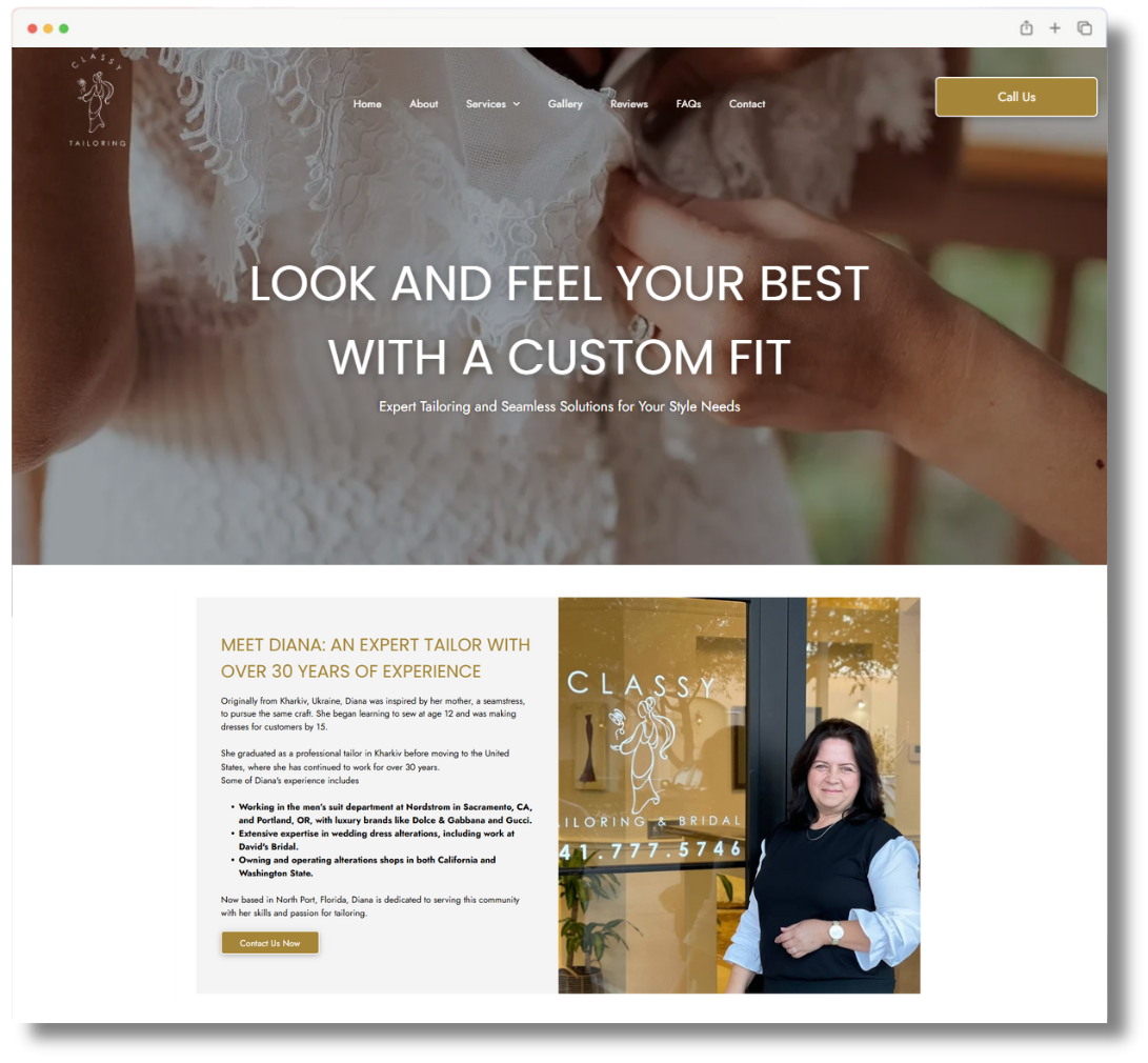 Web page mockup for classy tailoring and bridal