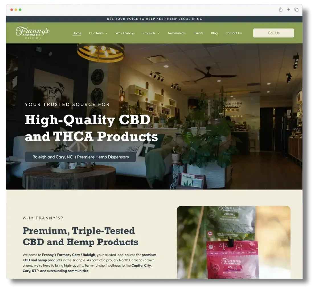 Web page mockup for Franny's Farmacy Raleigh