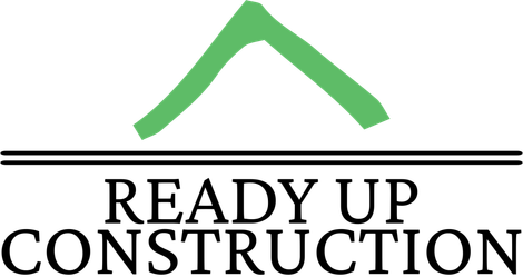A logo for ready up construction with a green roof.