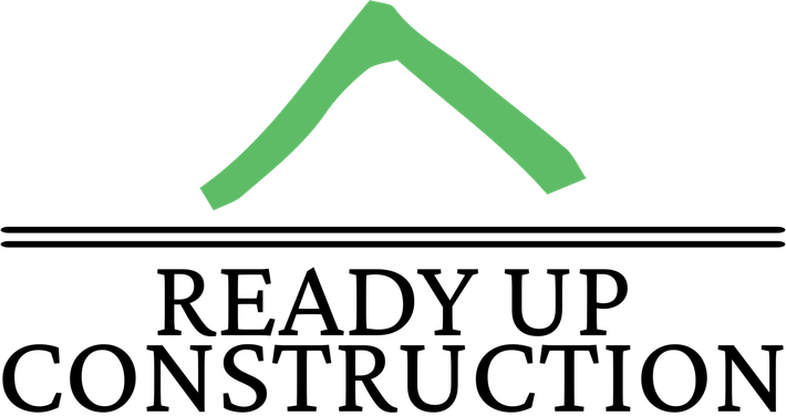 A logo for ready up construction with a green roof.