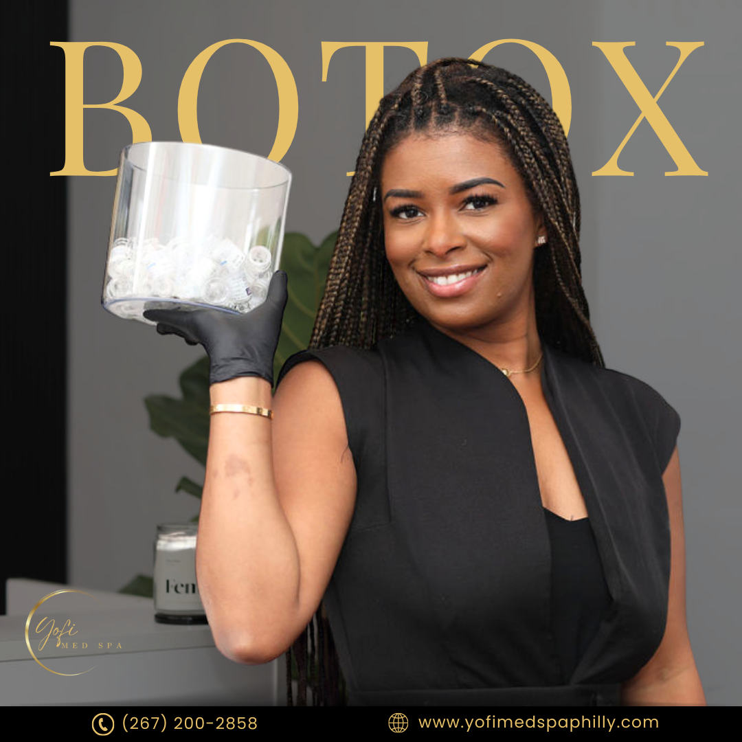 A woman holding a glass of ice in front of the word botox