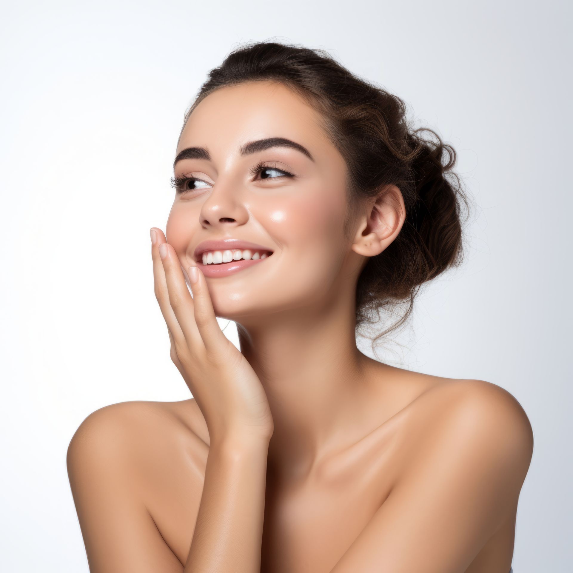 Woman smiling, touching face, with clear skin, against a white background.