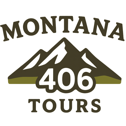 Montana 406 Tours logo: brown text and mountains, white
