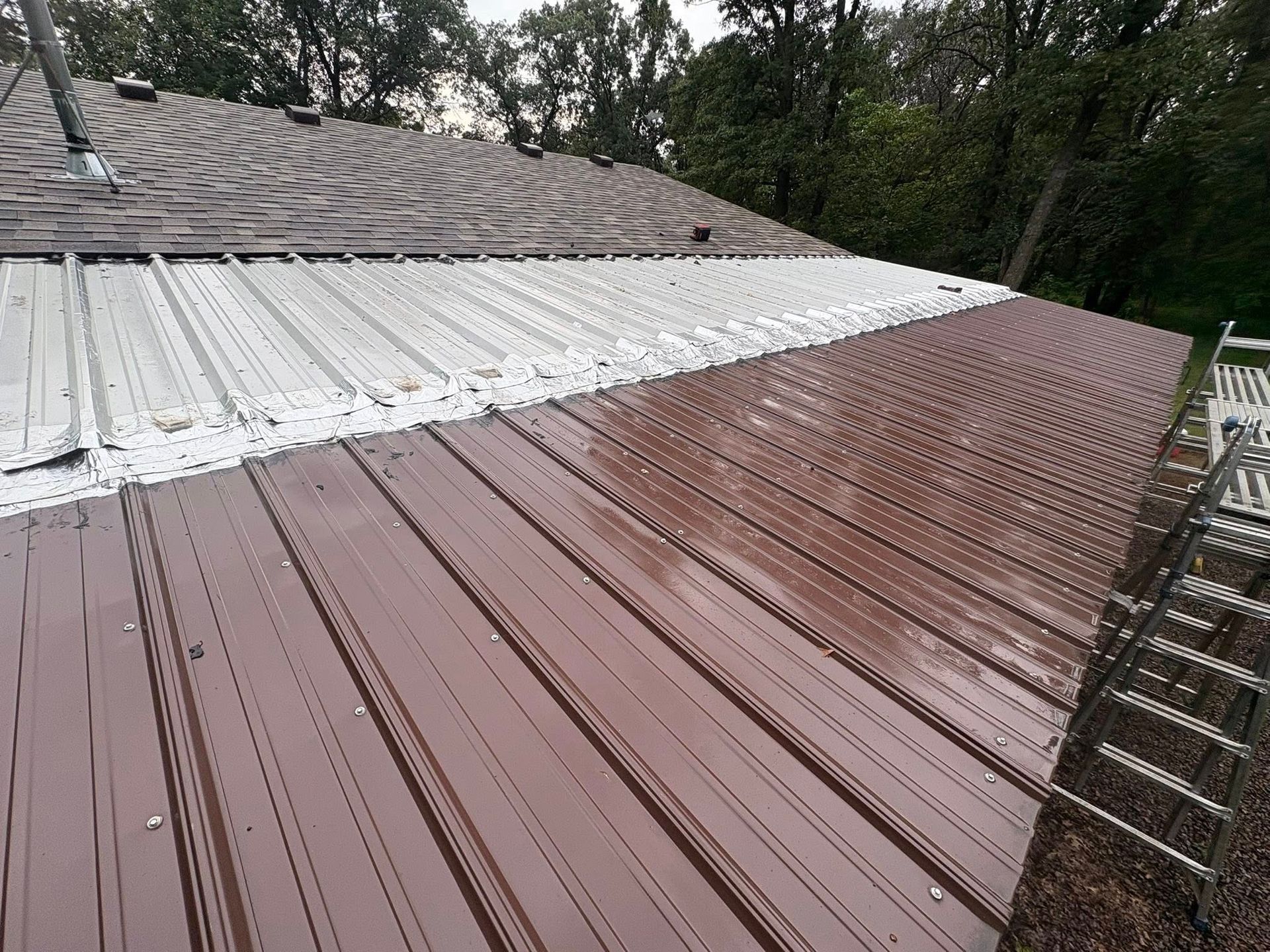Rain-soaked brown and white metal roof with trees in the background
