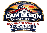 Cam Olson Construction roofing specialists logo with roof scene, phone number, and free estimates banner