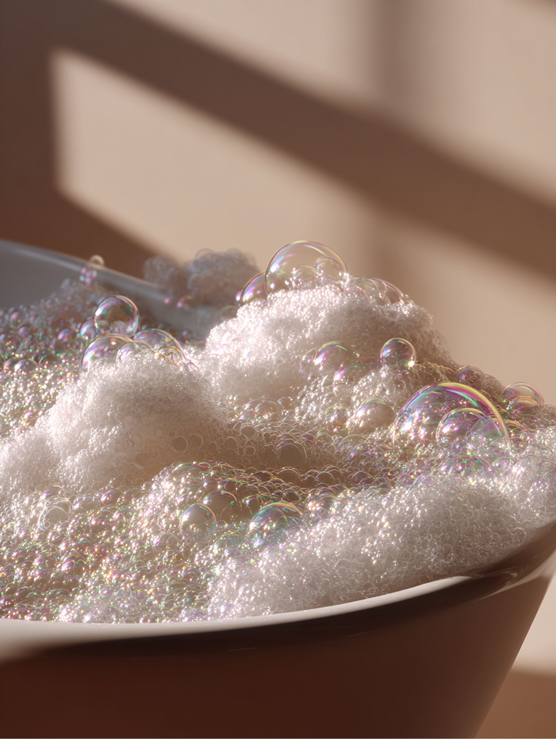 Close-up of a white bowl overflowing with foamy bubbles, some iridescent. Soft light and shadows.