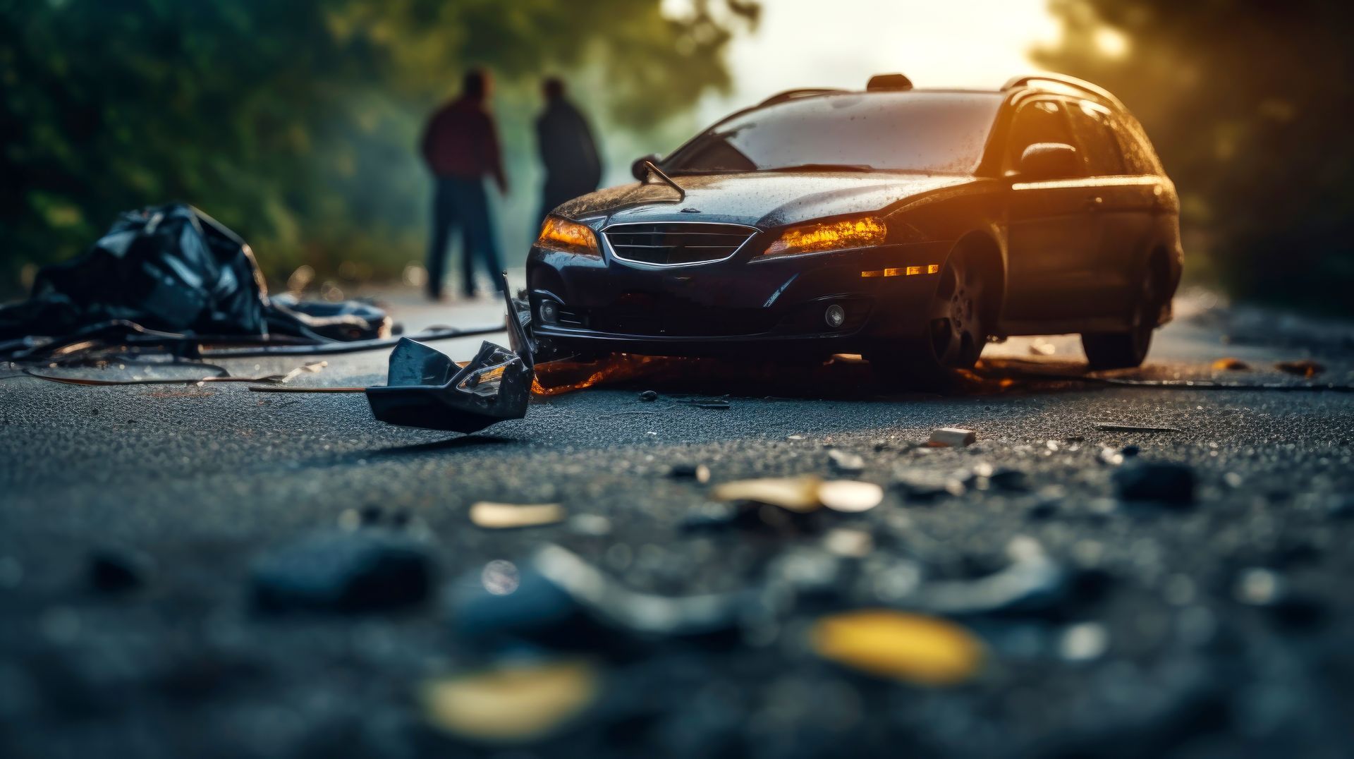 A black car crashed on a road, surrounded by debris. Two figures stand in the background.