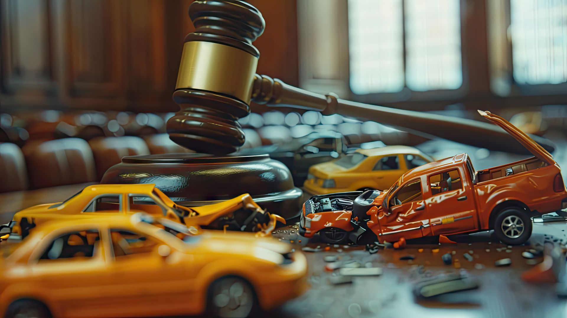 Gavel over toy cars crushed in an accident, likely depicting a court case.