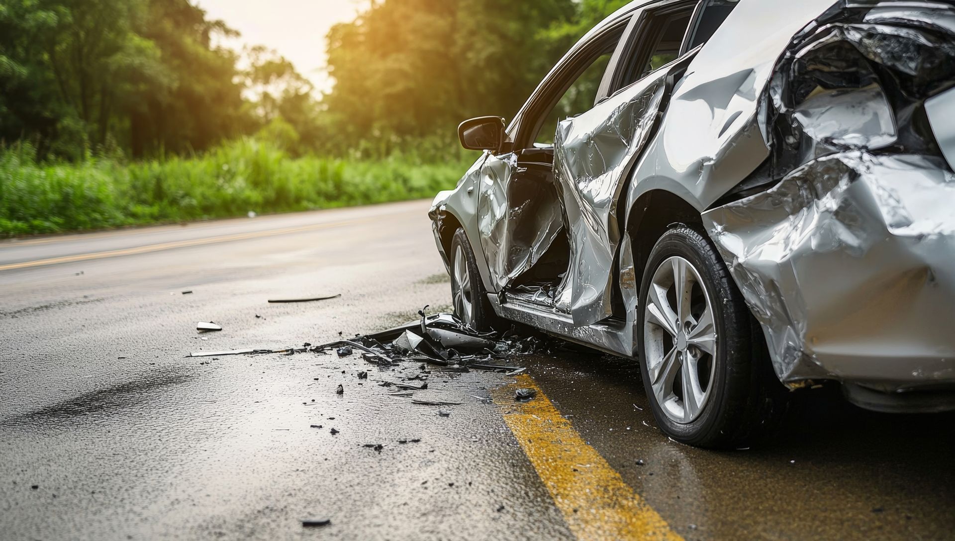 Damaged silver car on a wet road after a collision. Debris scattered nearby, green foliage in the background.