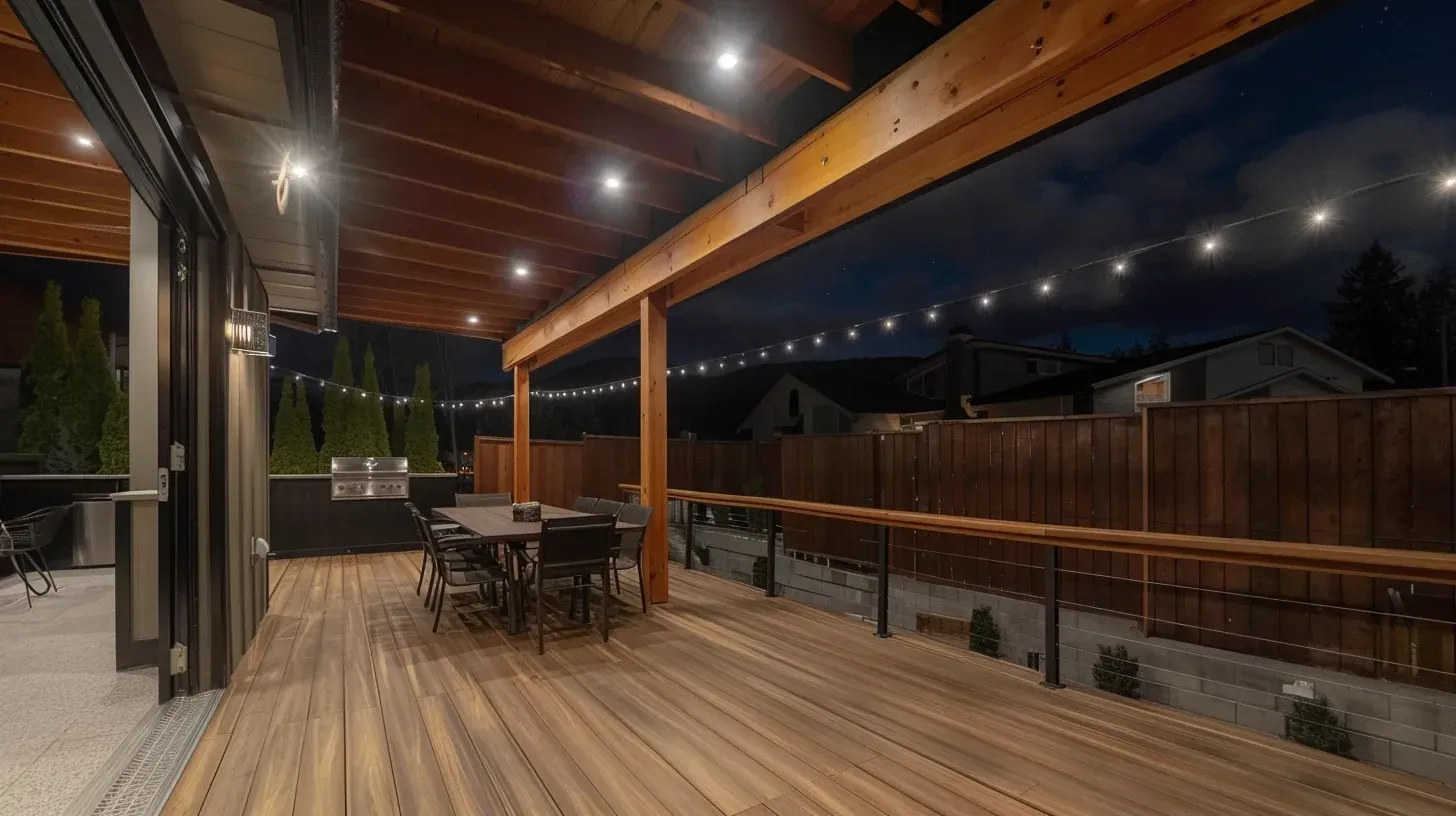 Premium composite decking installed by expert deck builders in Vancouver with sleek modern railing. The design emphasizes longevity and low upkeep in West Coast weather. A stylish outdoor space built for relaxation and entertainment.