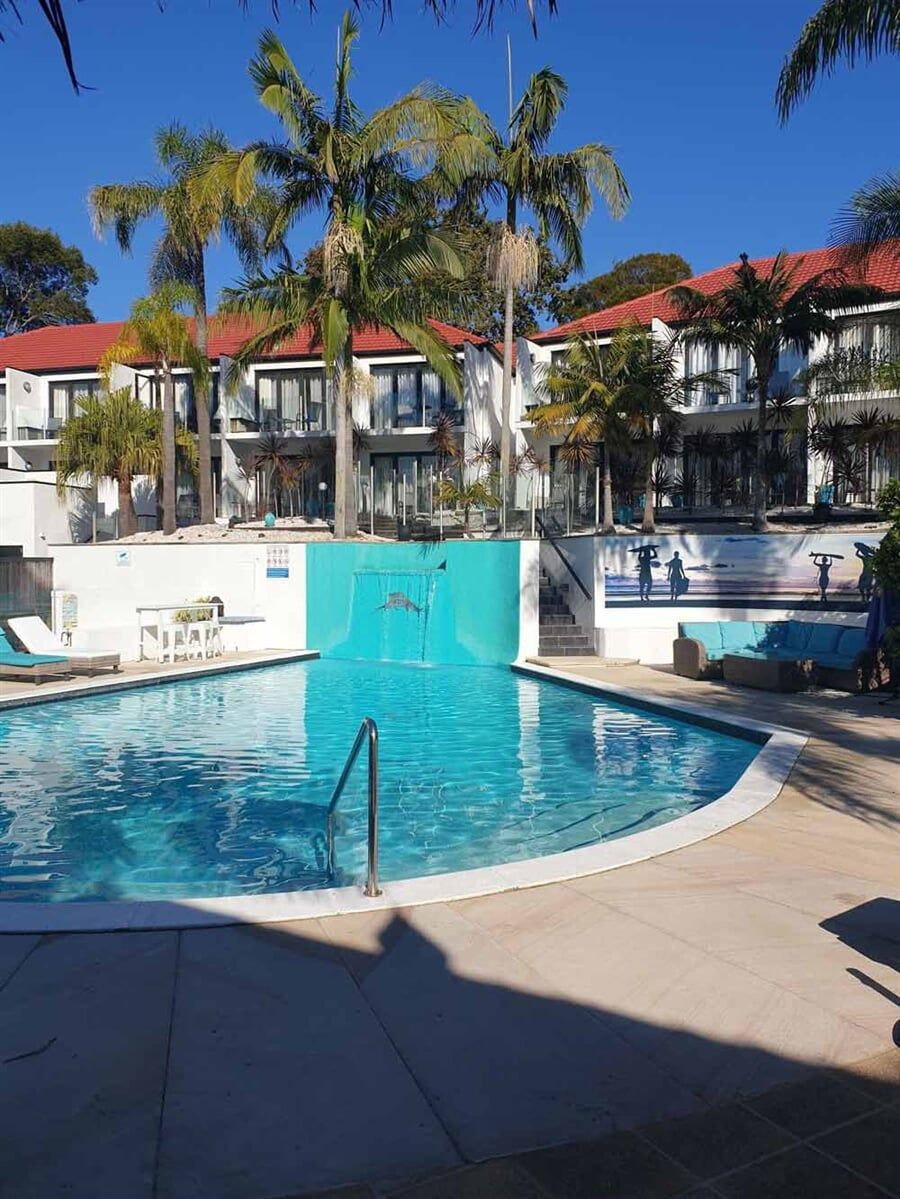 Resort Swimming Pool with Palm Trees — Landscaping inspiration in Matcham, Central Coast