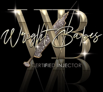 Gold and black logo: "Wright Babes" text with a sparkling syringe overlaying mirrored "WB" initials, "Certified Injector" below.