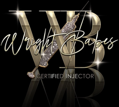 Gold and black logo: "Wright Babes" text with a sparkling syringe overlaying mirrored "WB" initials, "Certified Injector" below.