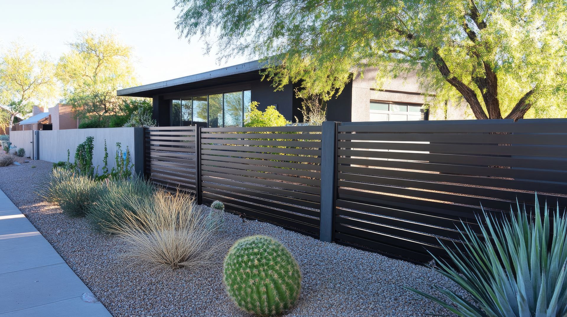 A modern, high gray fence, with aluminium slats, in a house, showcasing fencing contracting.