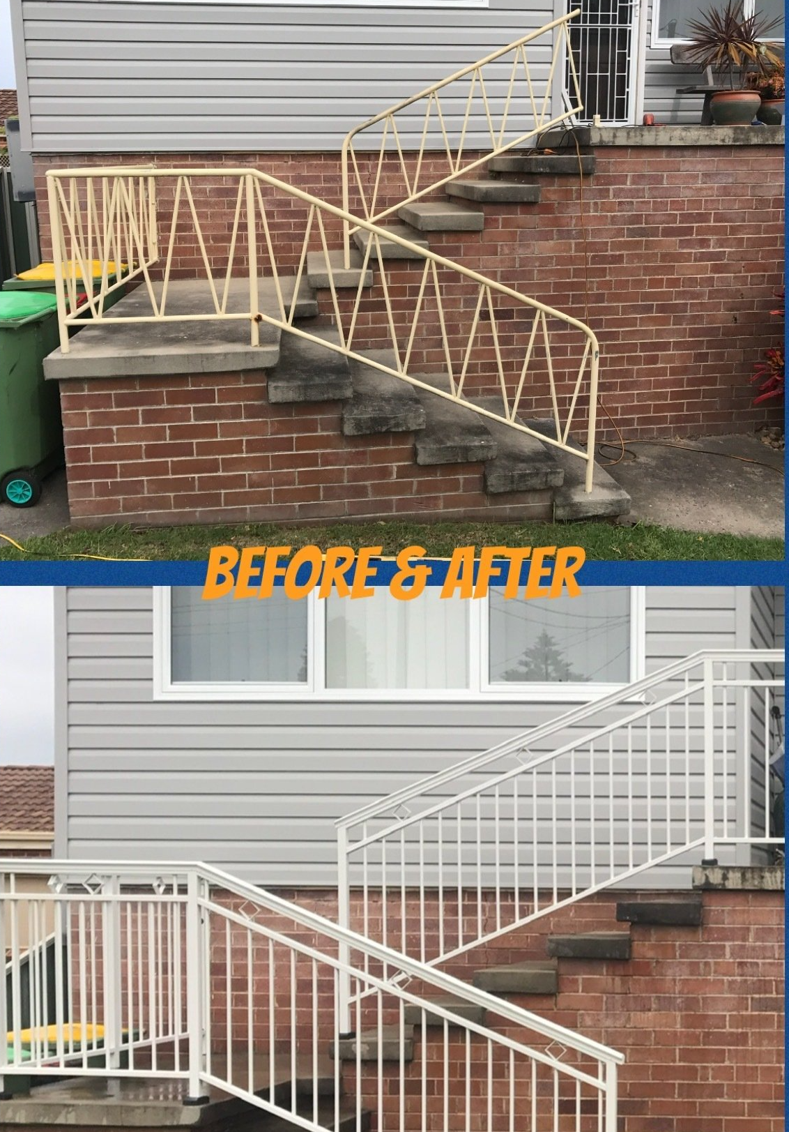 Before & after view: a staircase with metal railings, painted from yellow to white, against a brick and gray siding exterior.