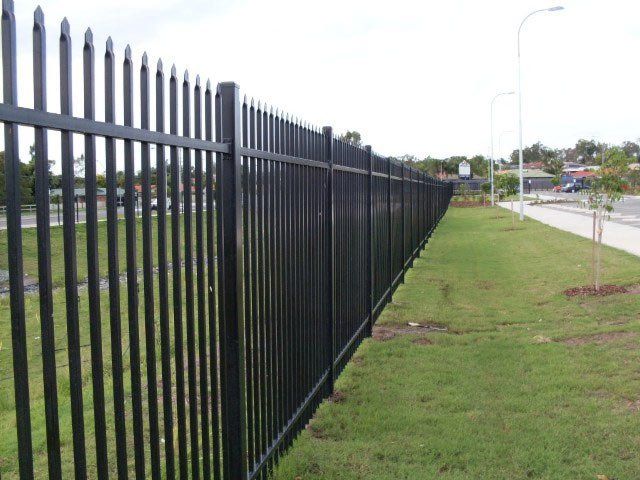 Black metal security fence along a grassy area next to a road.