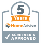 HomeAdvisor 5-Year Screened & Approved badge. Gray and orange. Contains "5 Years" and a checkmark for approval.
