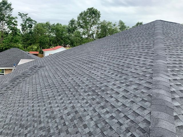 Gray asphalt shingle roof on a house, with trees in the background under an overcast sky.
