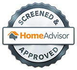 HomeAdvisor "Screened & Approved" badge, silver and white with orange house icon.