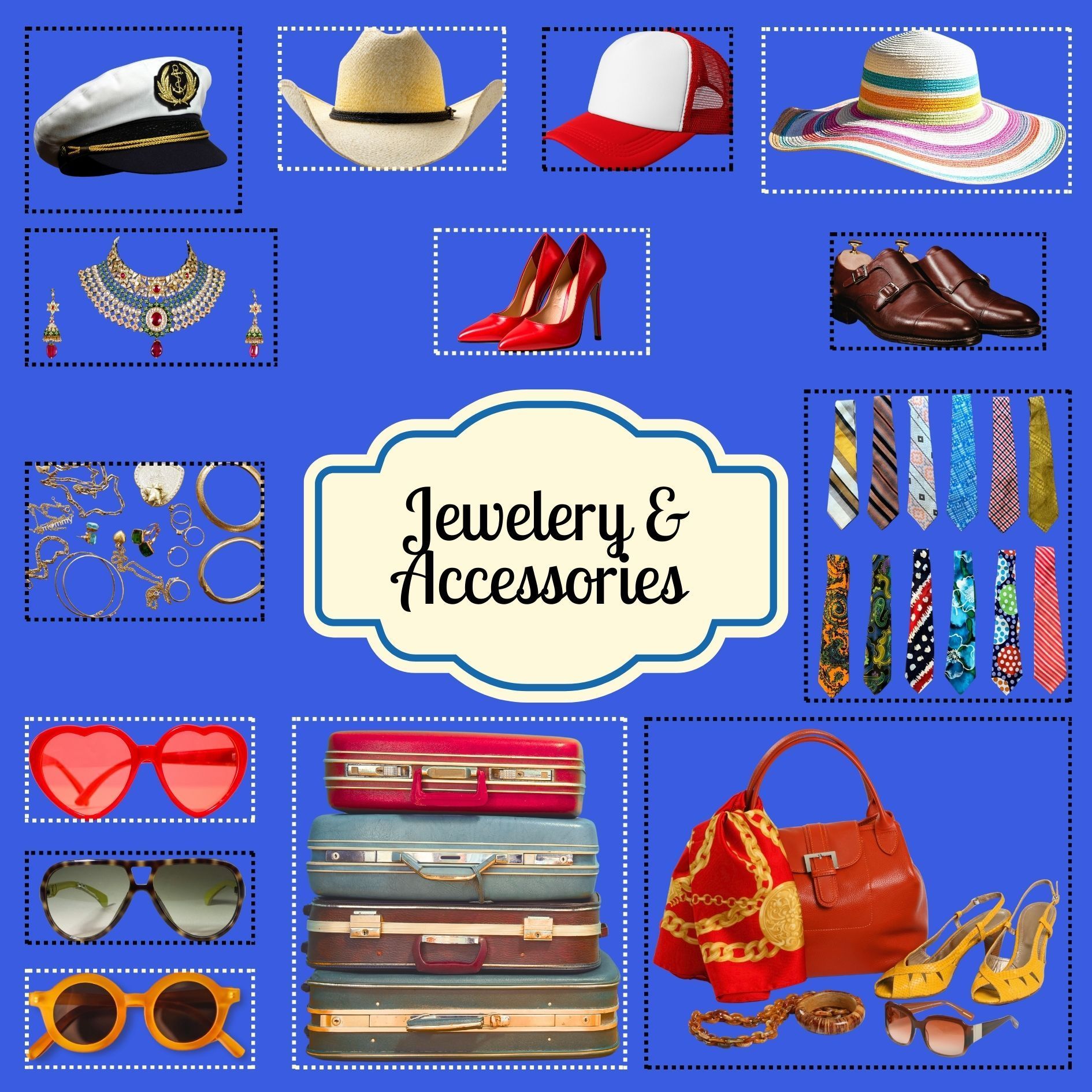 Jewelry & Accessories: hats, shoes, glasses, jewelry, luggage, and handbags on a blue background.