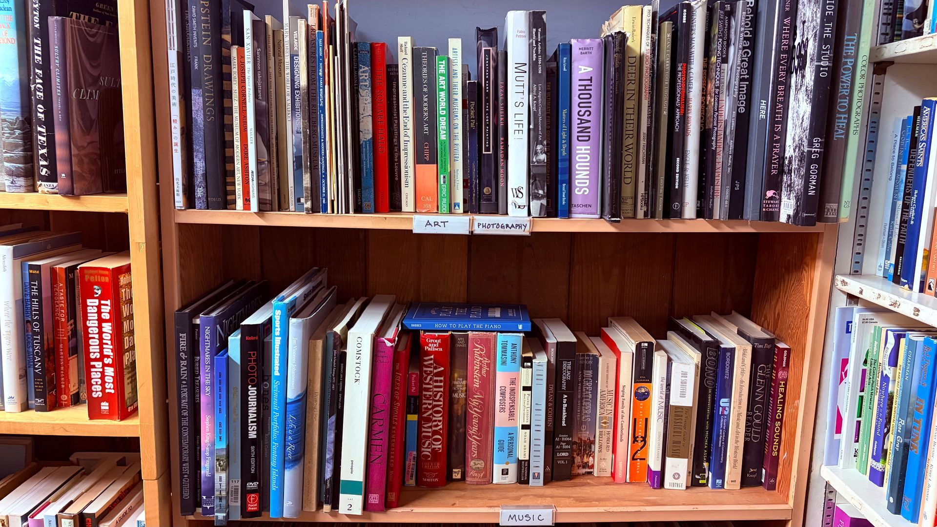 Bookshelves filled with various books, many colors, in a library or bookstore setting.