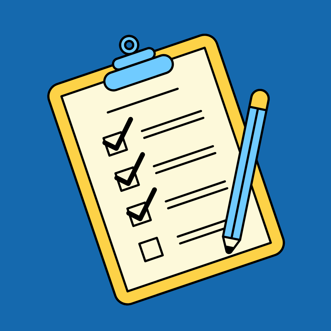 Clipboard with checklist, three items checked, blue pencil, on a blue background.