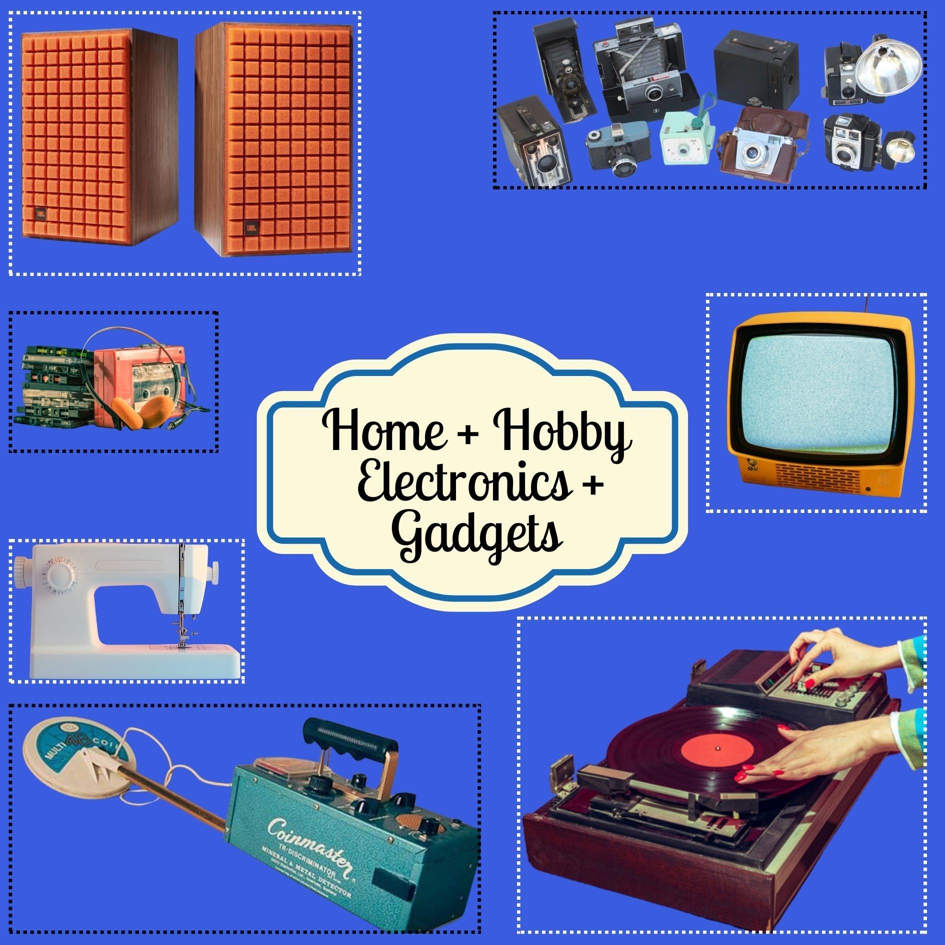 Collage of vintage home electronics, hobby equipment, and gadgets on blue background.