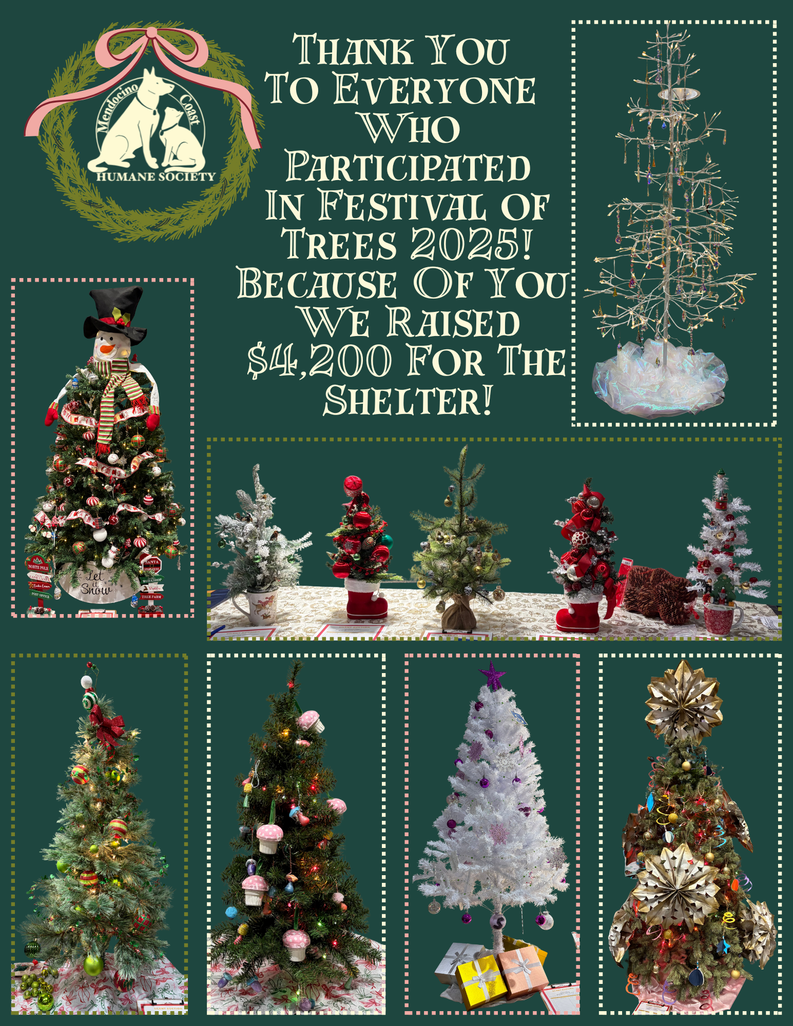 Poster thanking participants in Festival of Trees 2025. It raised $4,200 for a shelter, featuring photos of decorated Christmas trees.