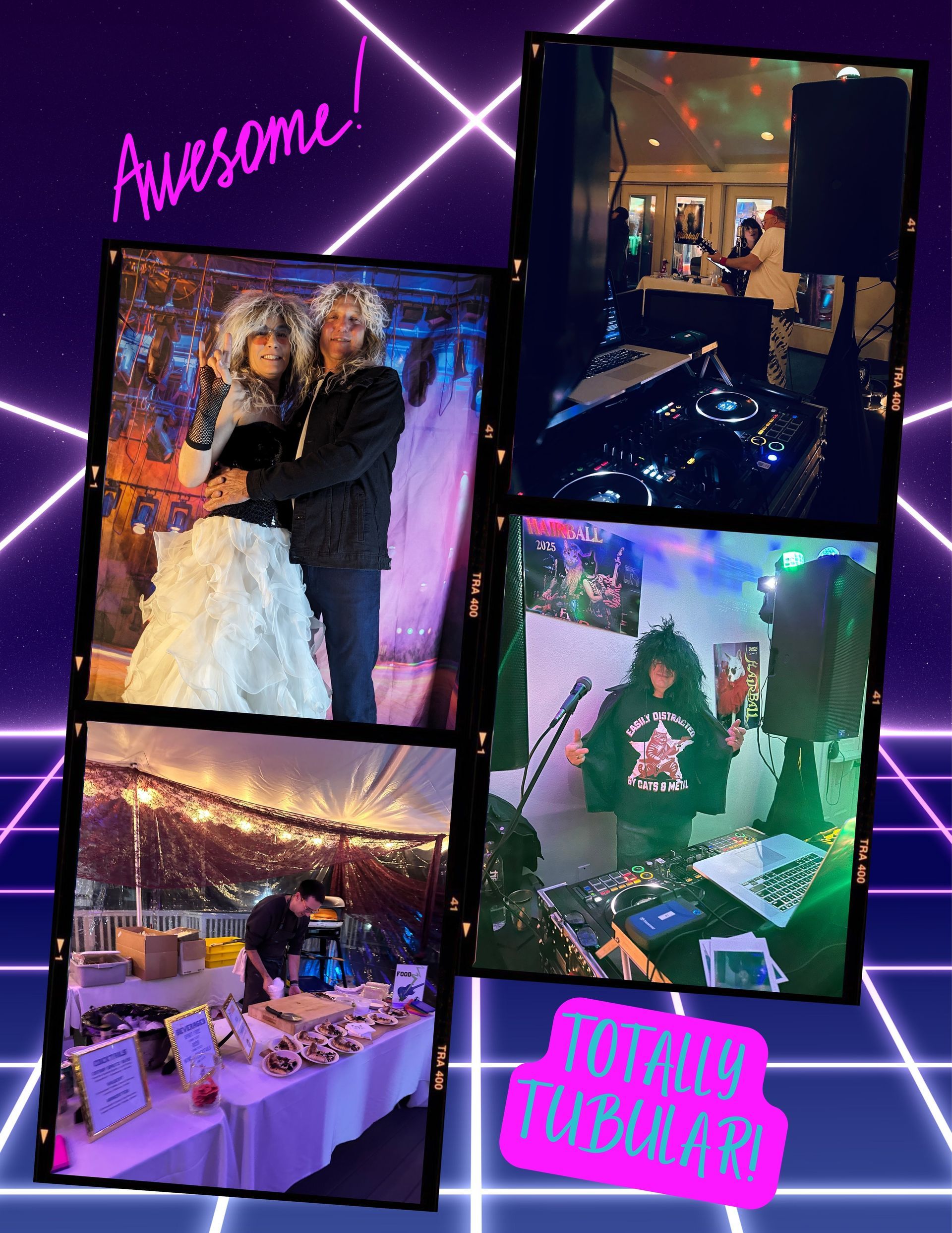 Composite of party photos with an 80s aesthetic: a couple dancing, a DJ, food, and lights.