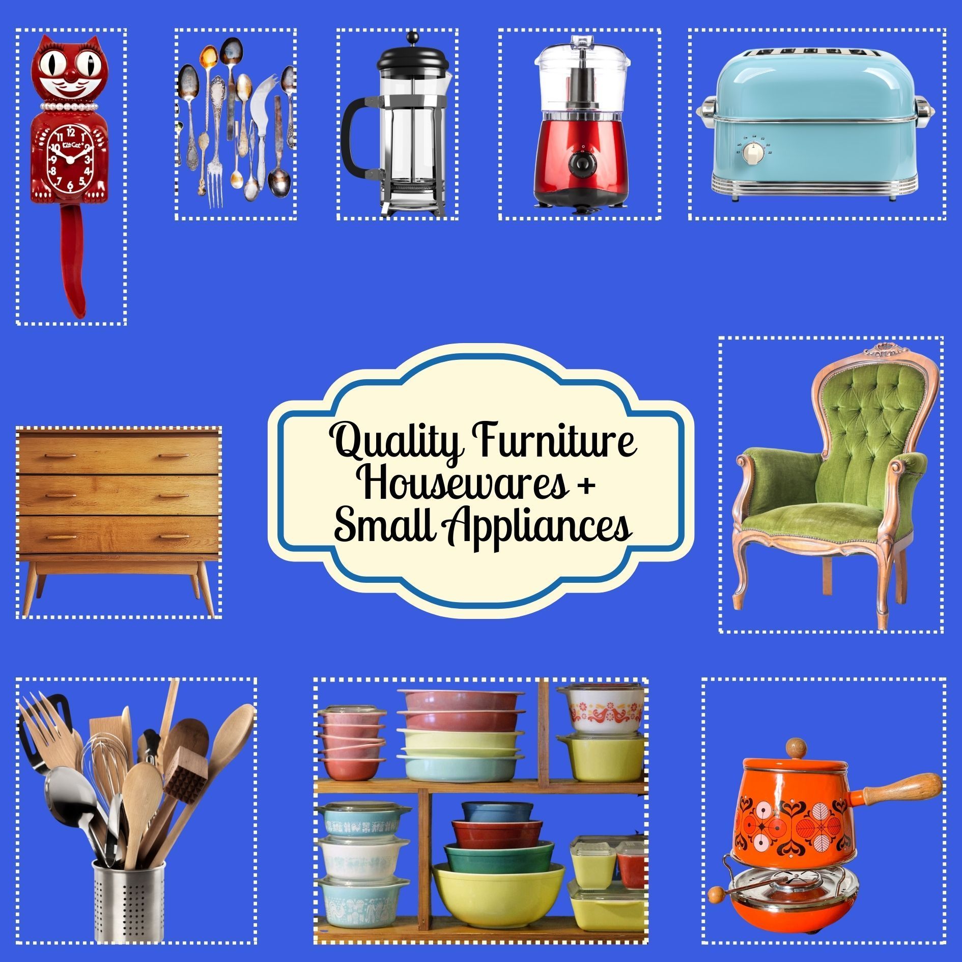 Arrangement of furniture and kitchen appliances on a blue background, labeled