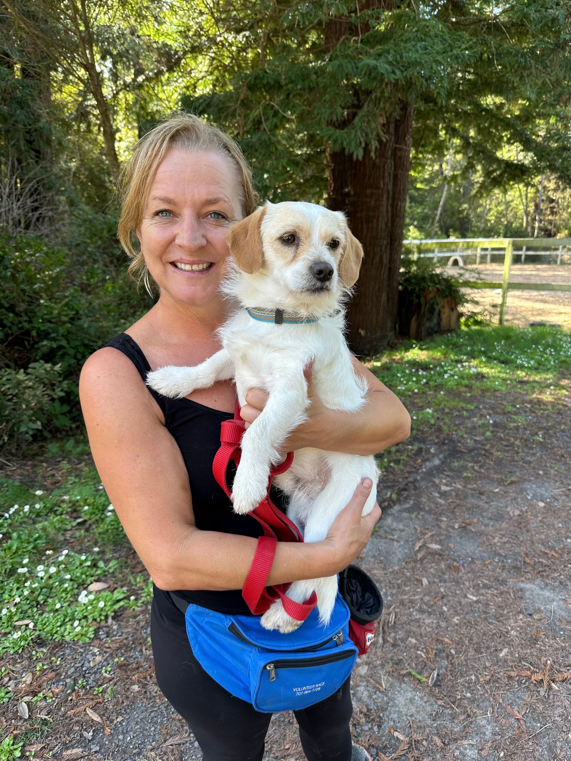 Woman holding a small, white and tan dog outdoors; trees in background.