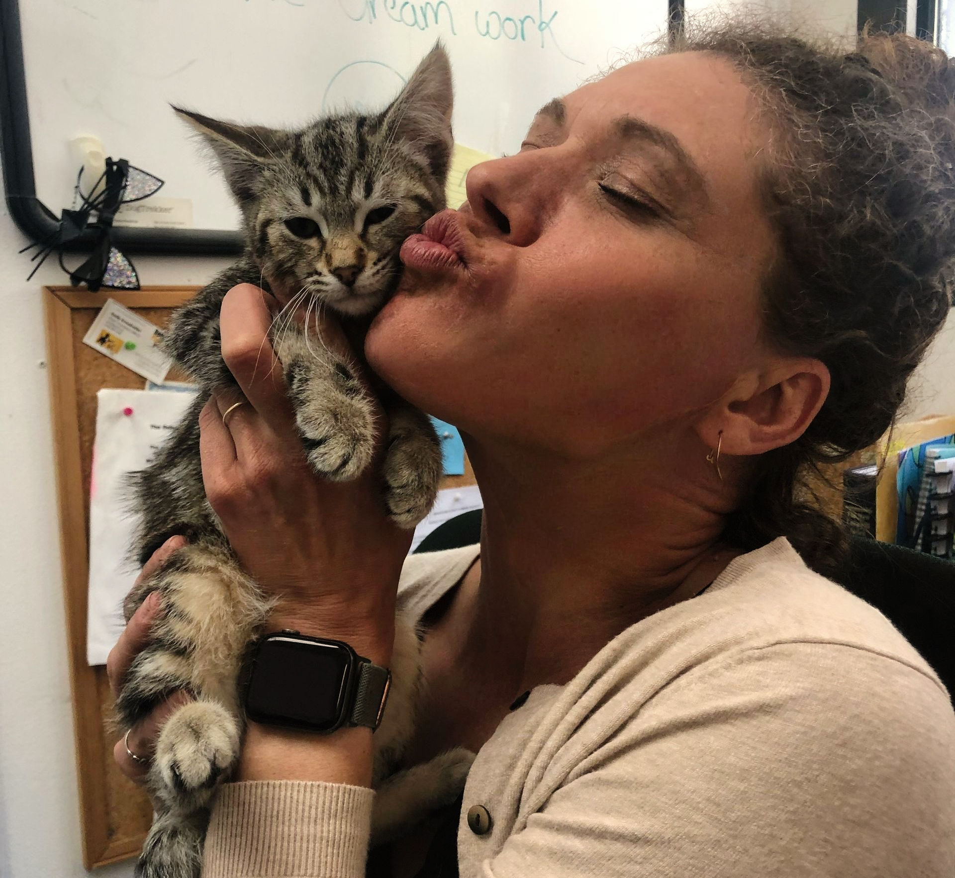 Woman holding and kissing a tabby kitten indoors; beige sweater, watch, office setting.