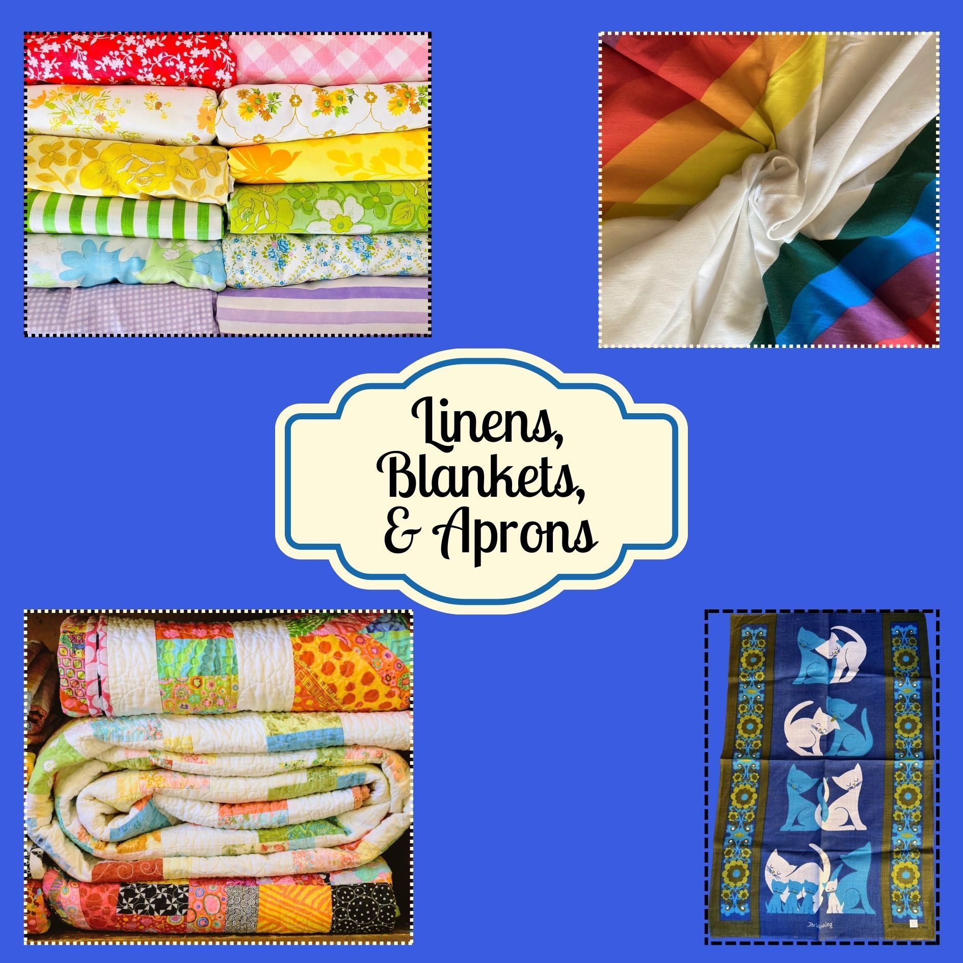 Assortment of colorful linens, quilts, and aprons arranged on a blue background.