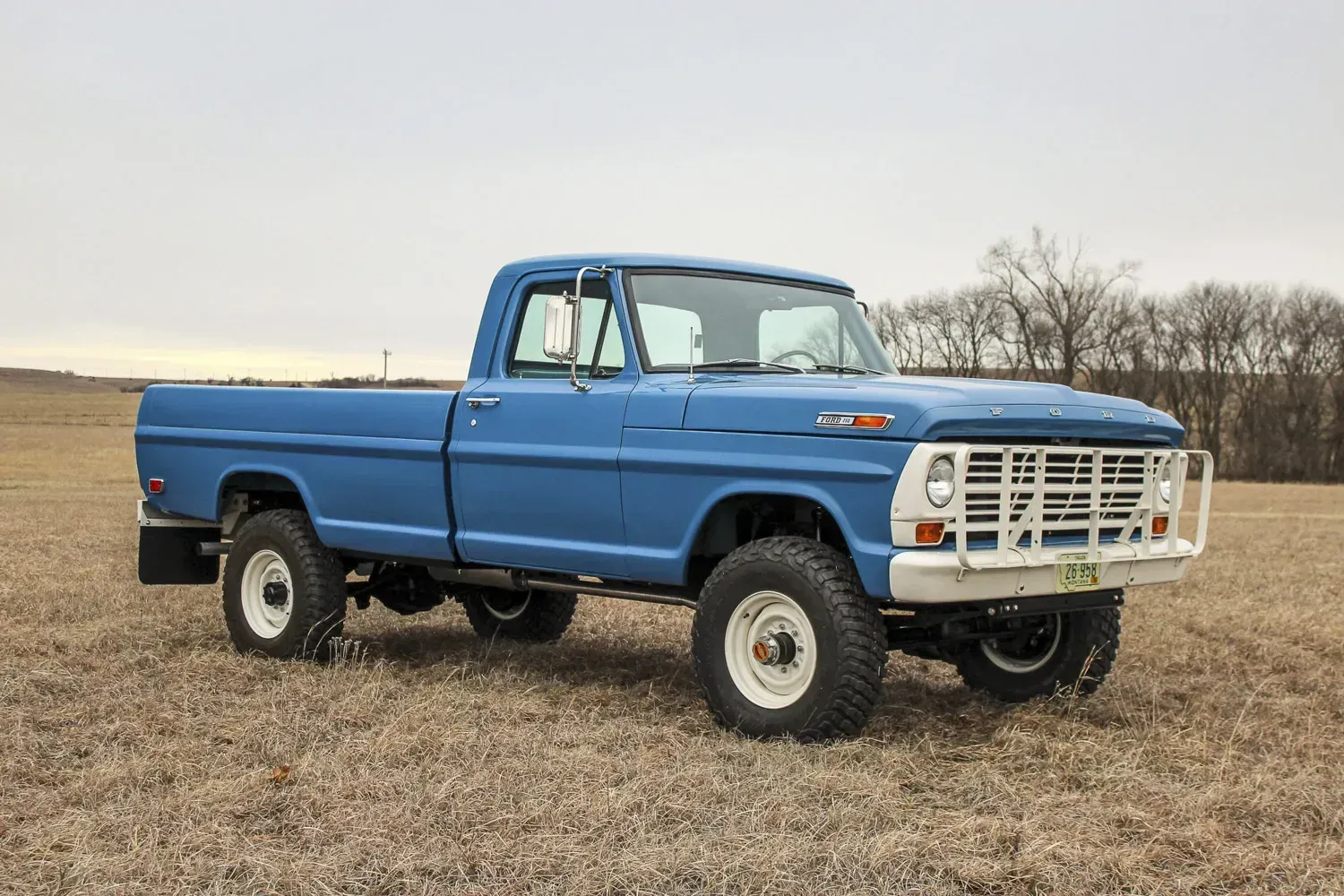 Blue vintage Ford pickup truck in a field, white grille and wheels.