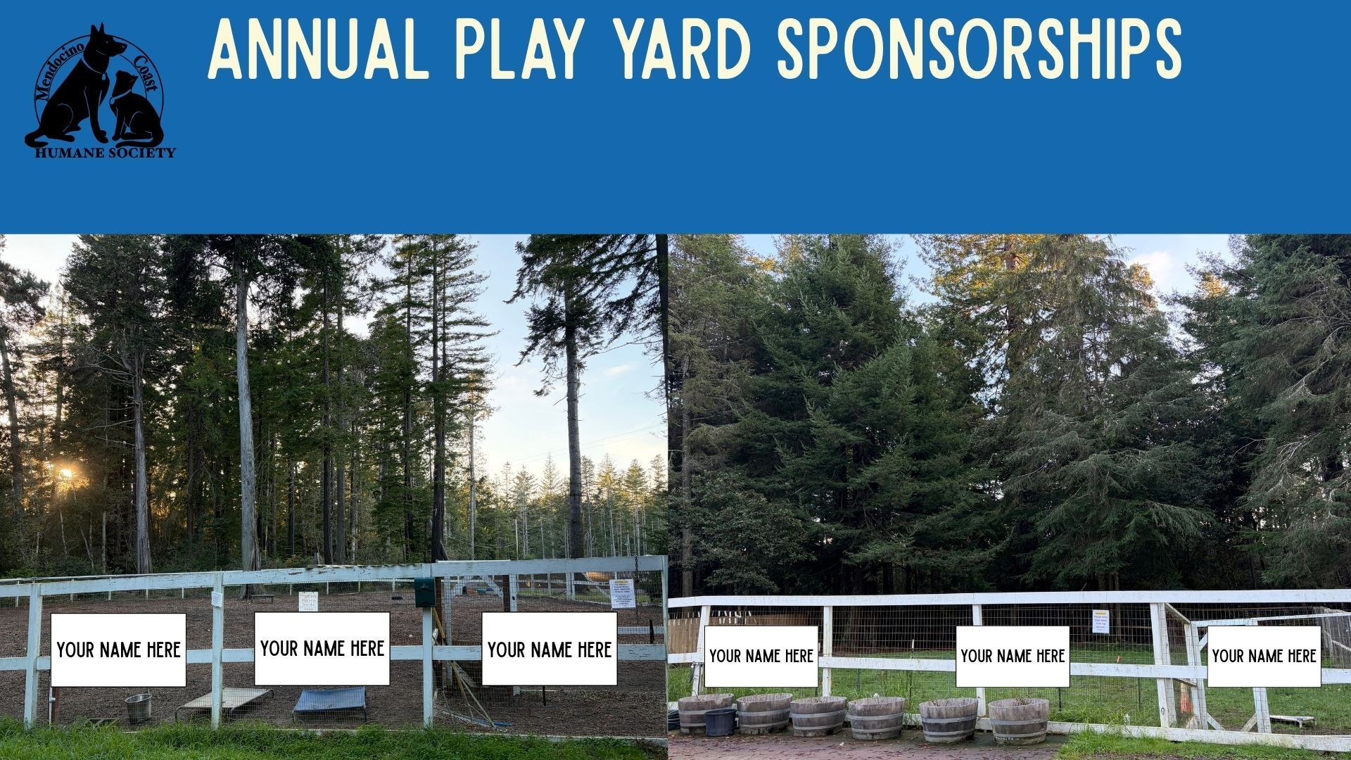 Annual Play Yard Sponsorships, white fence with signs, trees in the background, blue header.