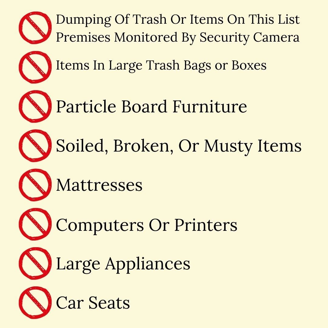 List of prohibited items for dumping, with red