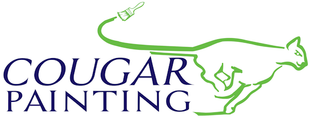 Logo for Cougar Painting LLC: Cougar silhouette with a paintbrush extending from a red-colored paint hose.