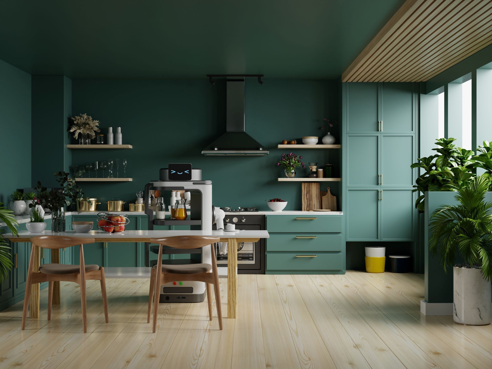 Green kitchen with wooden floors, island, and cabinets. Plants add color.