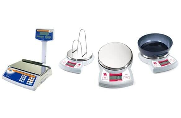 Un grupo de escalas están sentadas una al lado de la otra sobre un fondo blanco.