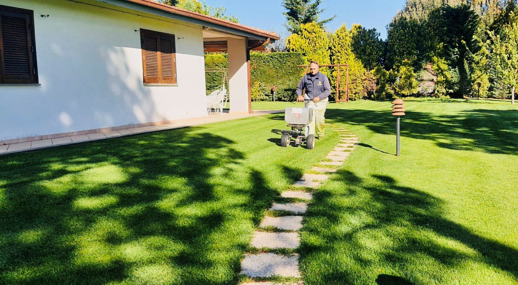taglio erba in un giardino provato