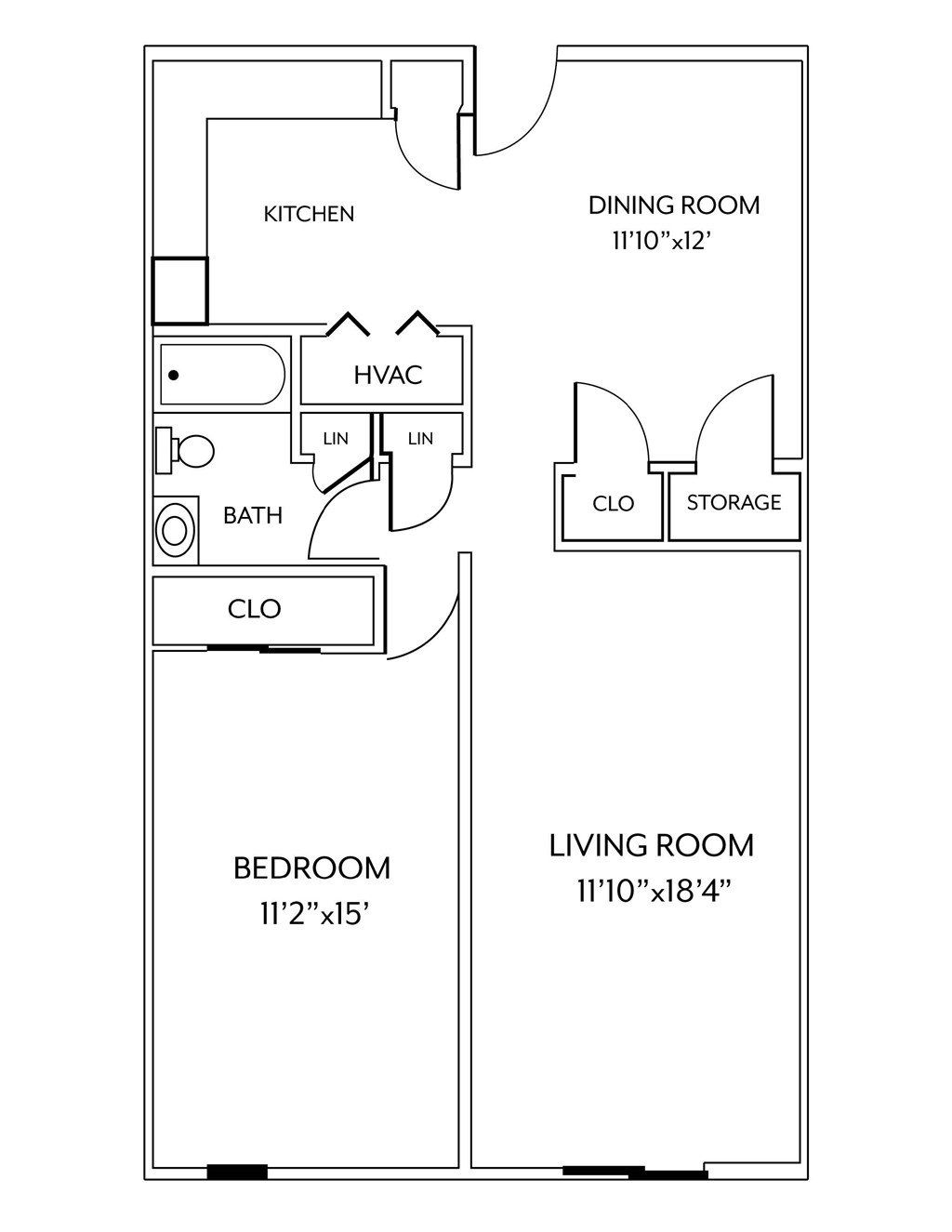 Floor plan for 1 bed x 1 bath apartment