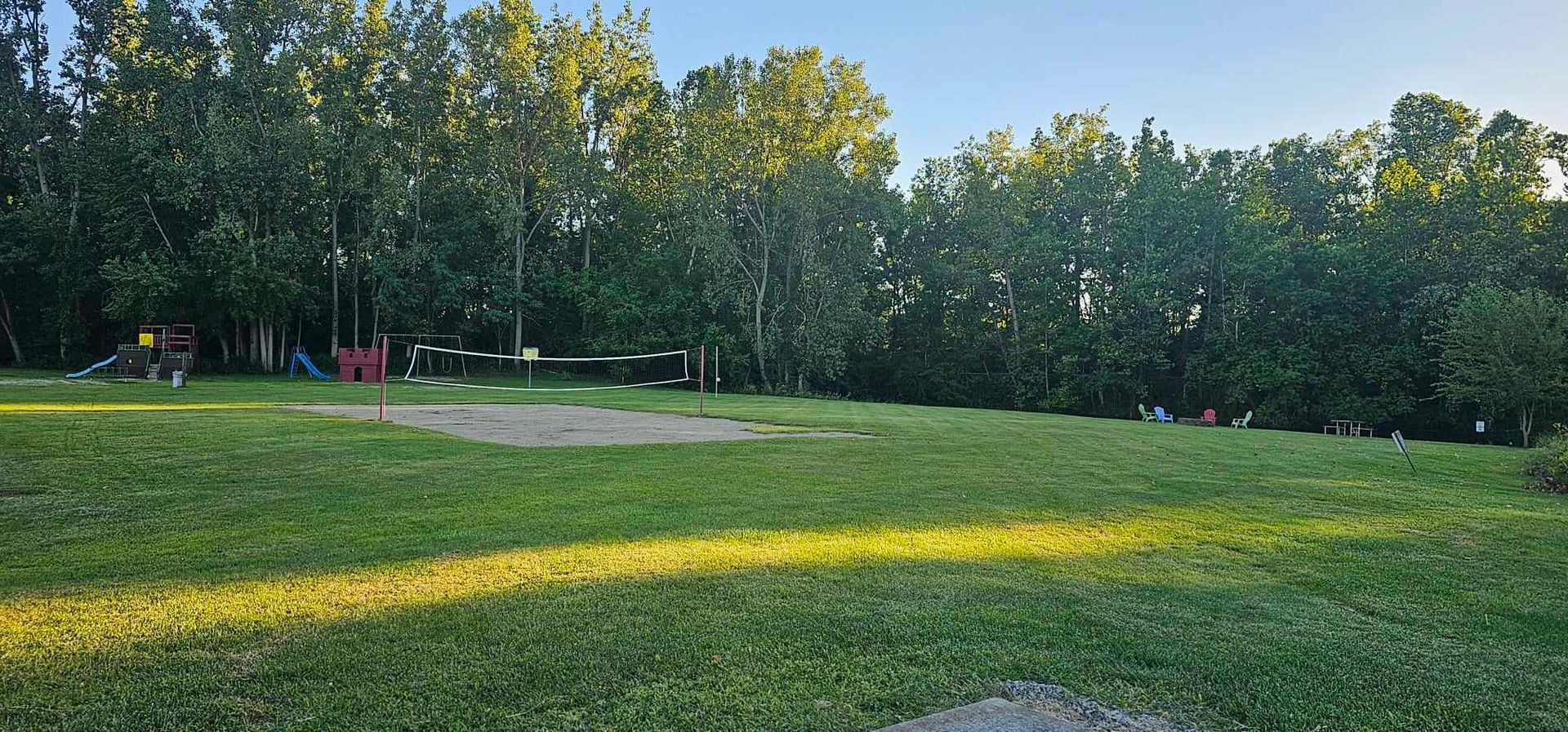a volleyball court in a park with trees in the background