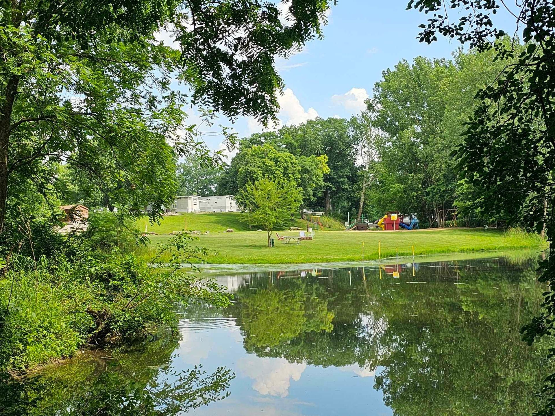a large body of water surrounded by trees and grass