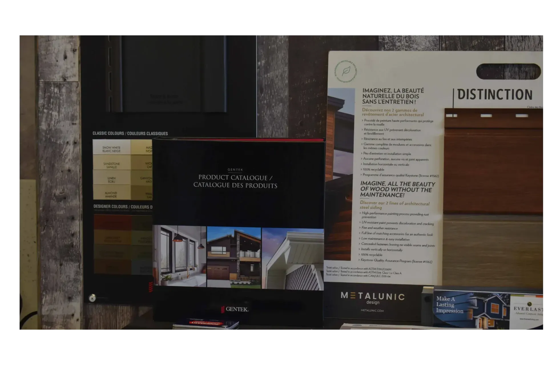 Display of product brochures and material samples, likely for design or construction choices.