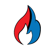 A red and blue flame on a white background.