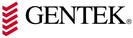 Gentek logo: Red stacked chevron graphic to the left of the word "GENTEK" in black.