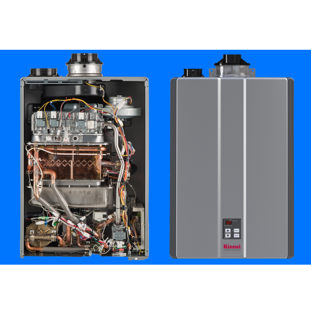 The front and back of a rinnai water heater on a blue background.